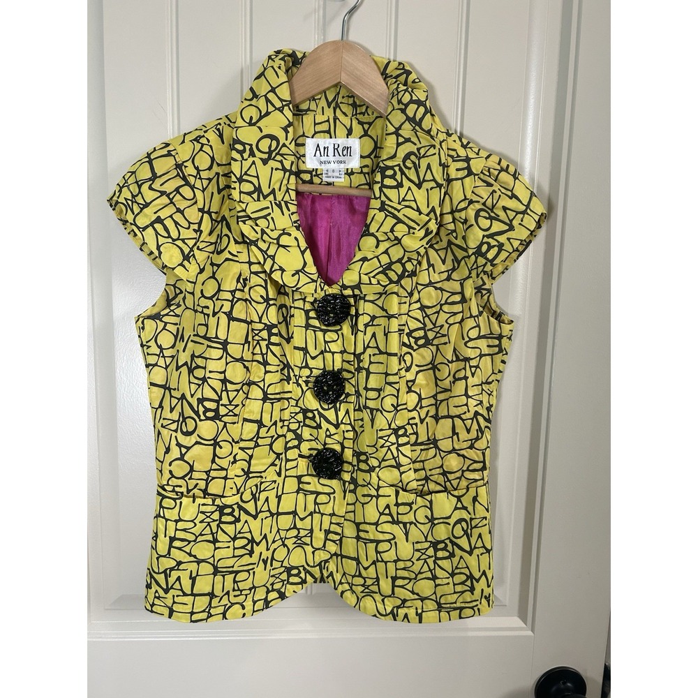Vtg An Ren NY Women Blazer 8 Yellow Artsy Cap Sleeve Alphabet Print Retro Bold
